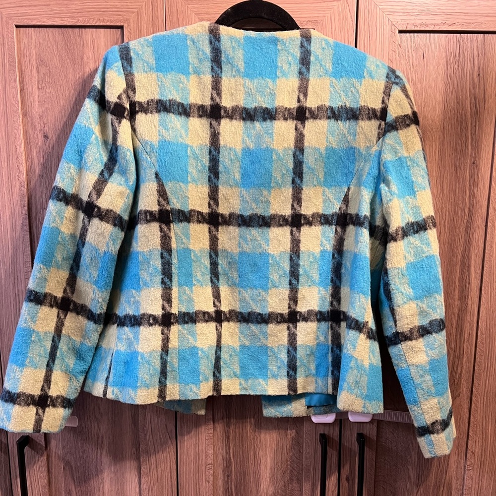 Vintage Nouveaux Wool Mohair Blend Turquoise and Green Plaid Open Blazer Size 10 - Picture 2 of 6